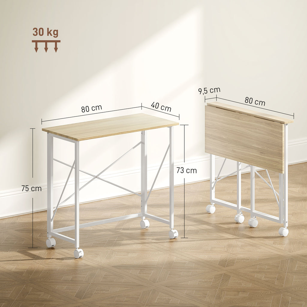 HOMCOM Klappbarer Computertisch 80 x 40 cm auf Rollen für Homeoffice, Schlafzimmer, kleine Räume, Eiche