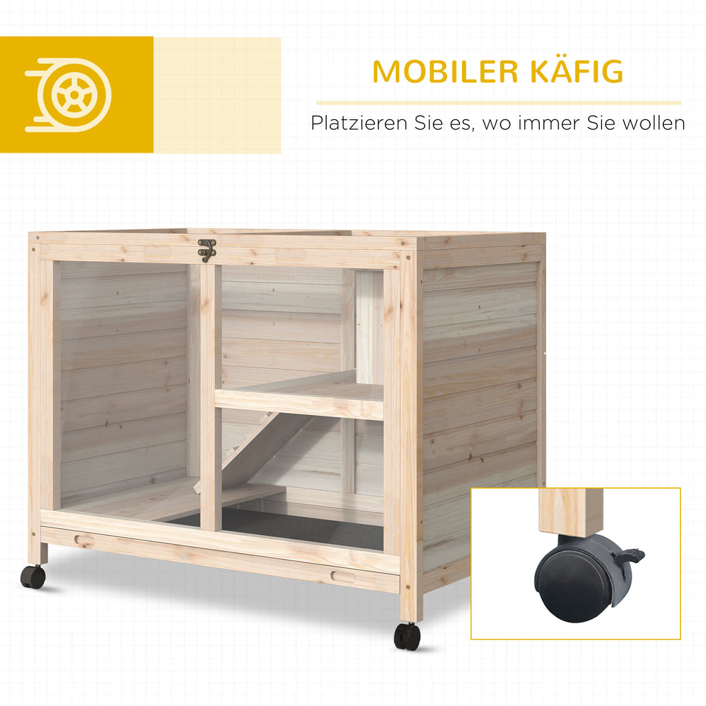 PawHut Kleintierstall mit 2 Ebenen 4 Rollen versiegeltes Tannenholz Natur