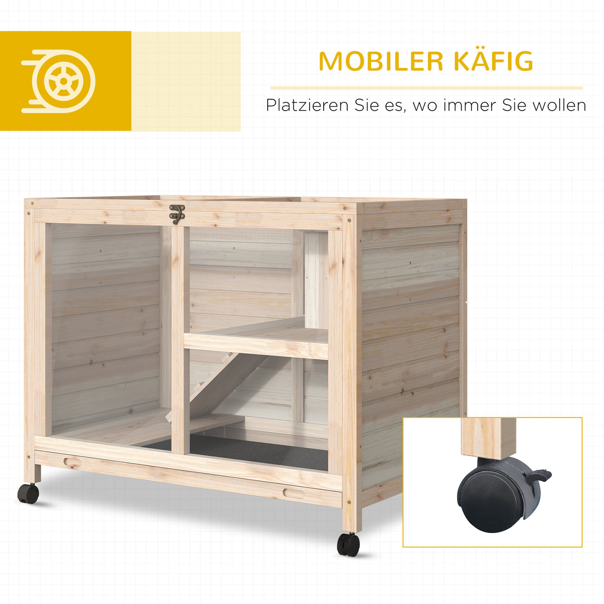 PawHut Kleintierstall mit 2 Ebenen 4 Rollen versiegeltes Tannenholz Natur