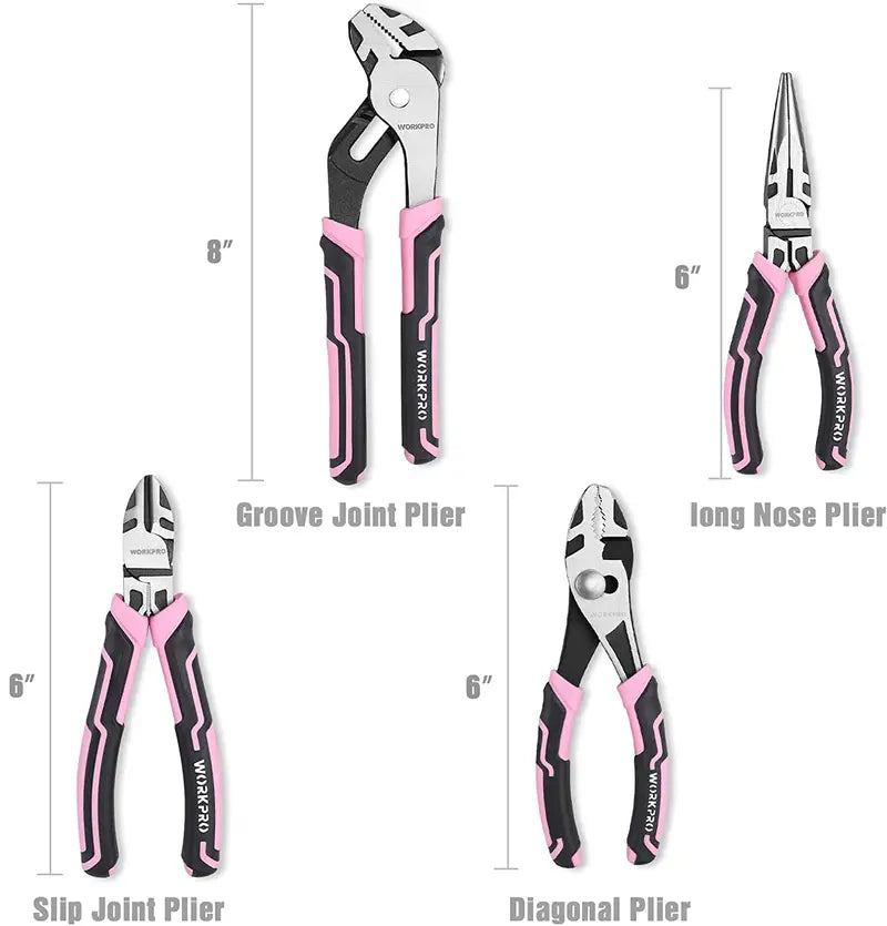 WORKPRO 4-Piece Pink Pliers Set – Ergonomic Grip Tools with Pink Ribbon Packaging