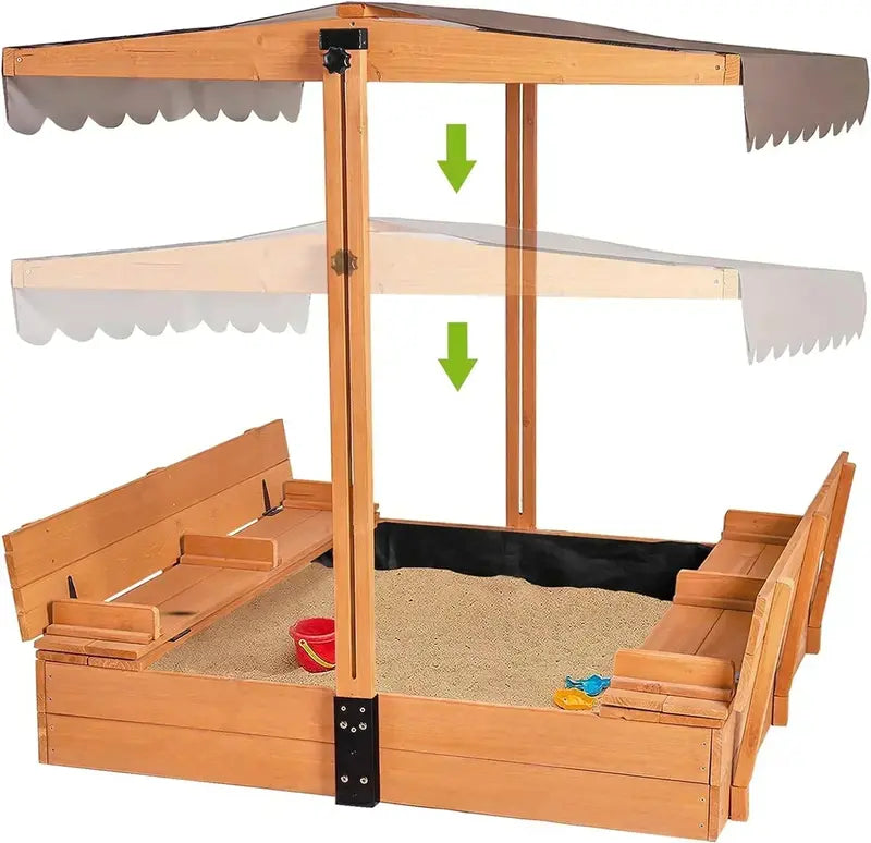 Kids' Wooden Outdoor Sandbox with Retractable Canopy – Includes Foldable Benches & Sand Liner