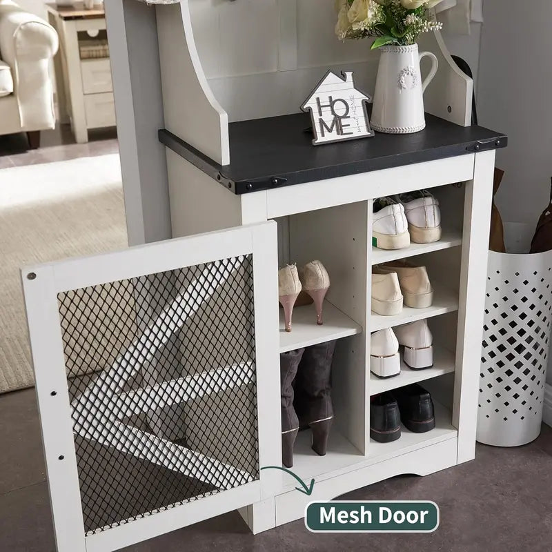 JXQTLINGMU Farmhouse Entryway Bench – 59-Inch Shoe Storage Foyer Tree with Coat Hooks & Cabinet