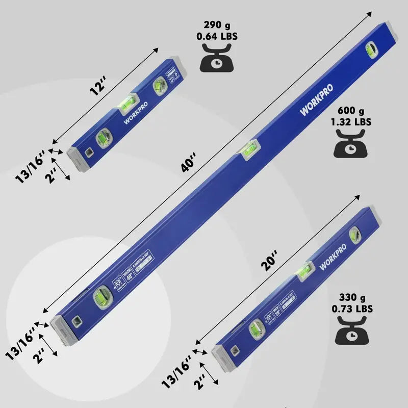 WORKPRO Triple-Length Spirit Level Set – 12″, 20″, and 40″ Aluminum Levels