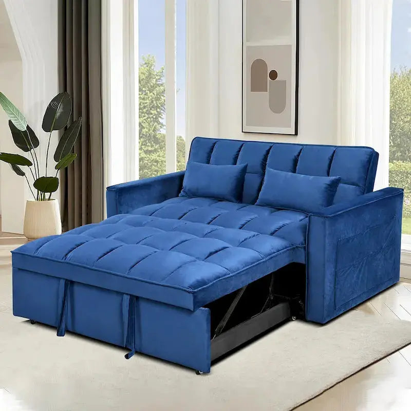 Velvet Futon Loveseat Sofa – Reclining Small-Scale Pullout Bed with Pillows & Pockets