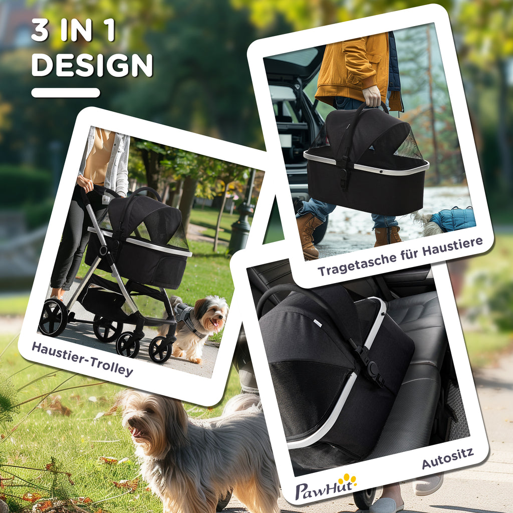PawHut 2-IN-1 Hundebuggy Tragtasche bis 10kg Kissen klappbar 1 Aufbewahrungskorb 83 cm x 58 cm x 102 cm Schwarz