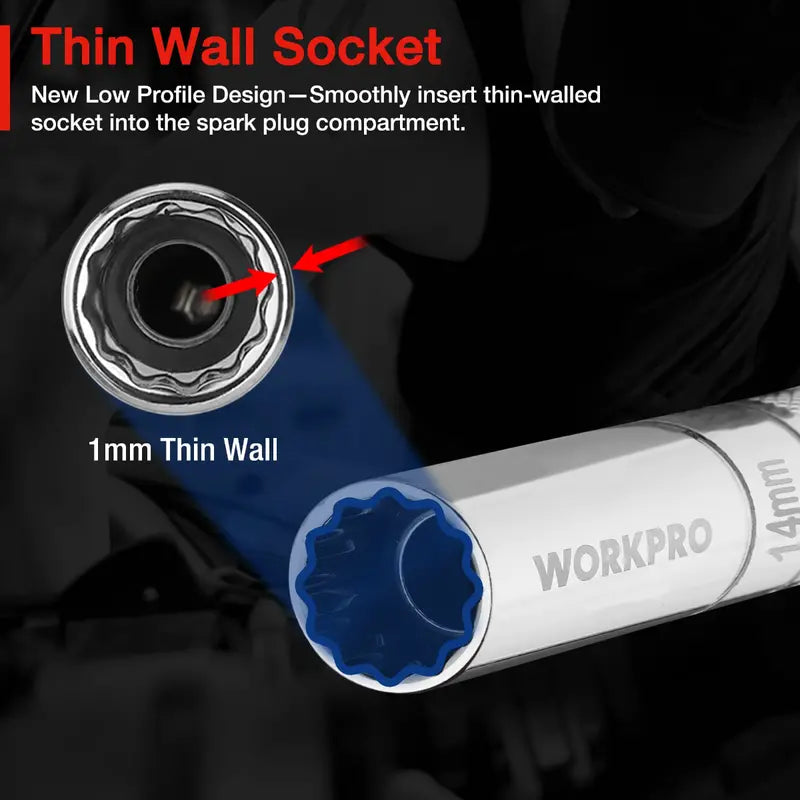 WORKPRO Magnetic Swivel Spark Plug Socket Set – 3-Pc Thin-Wall 14mm + 6″ & 10″ Extensions