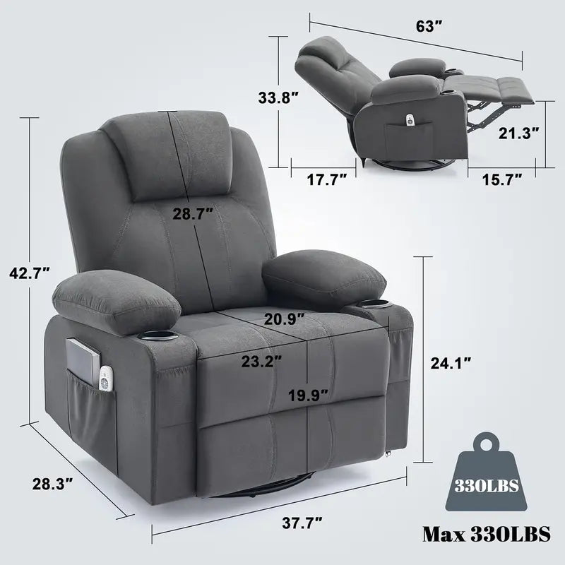 Large Swivel Rocking Recliner Sofa – Single-Seat Heated & Massaging Lounge Chair