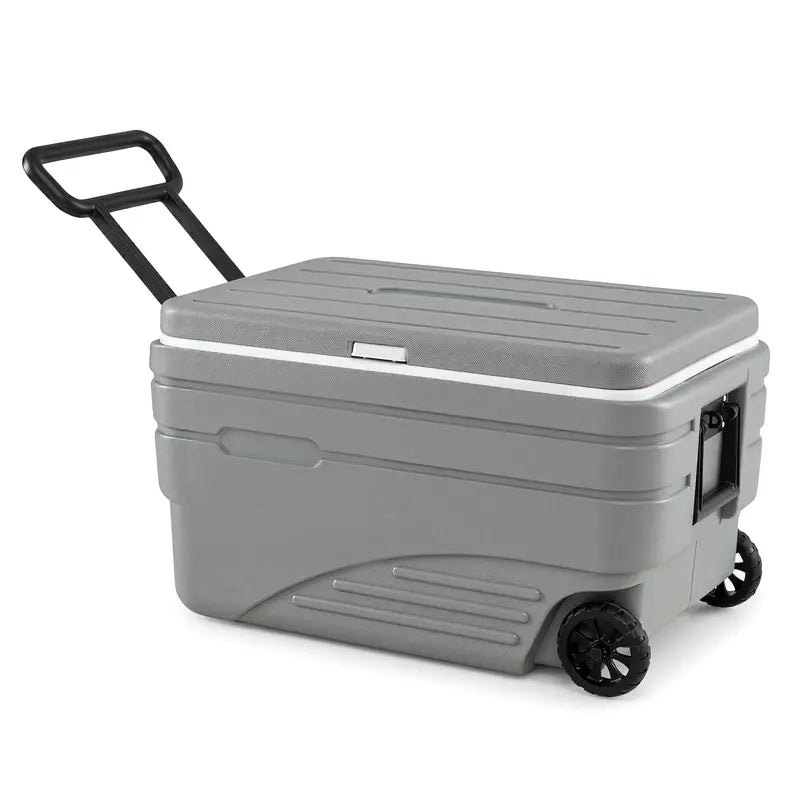 Wheeled HDPE Ice Cooler – All-Weather Portable Ice Chest with Fold-Out Pull Handle & Carry Grips