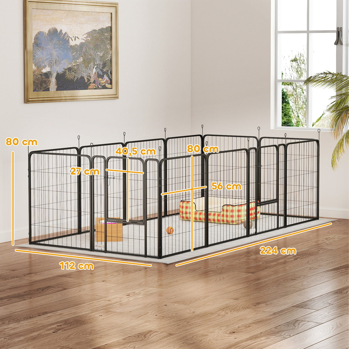 PawHut Hundepark, faltbarer und tragbarer 12-Paneel-Hundepark aus Stahl mit Tür 68 x 80 Schwarz