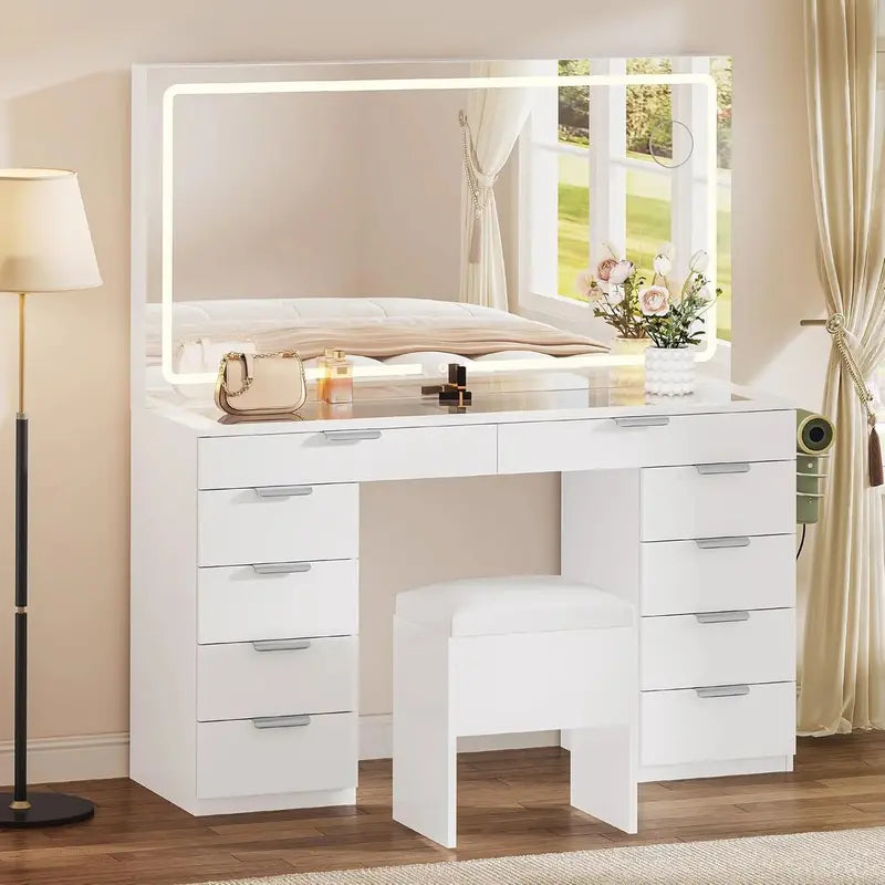 YITAHOME LED Vanity Set with 10-Drawer Storage and Matching Stool