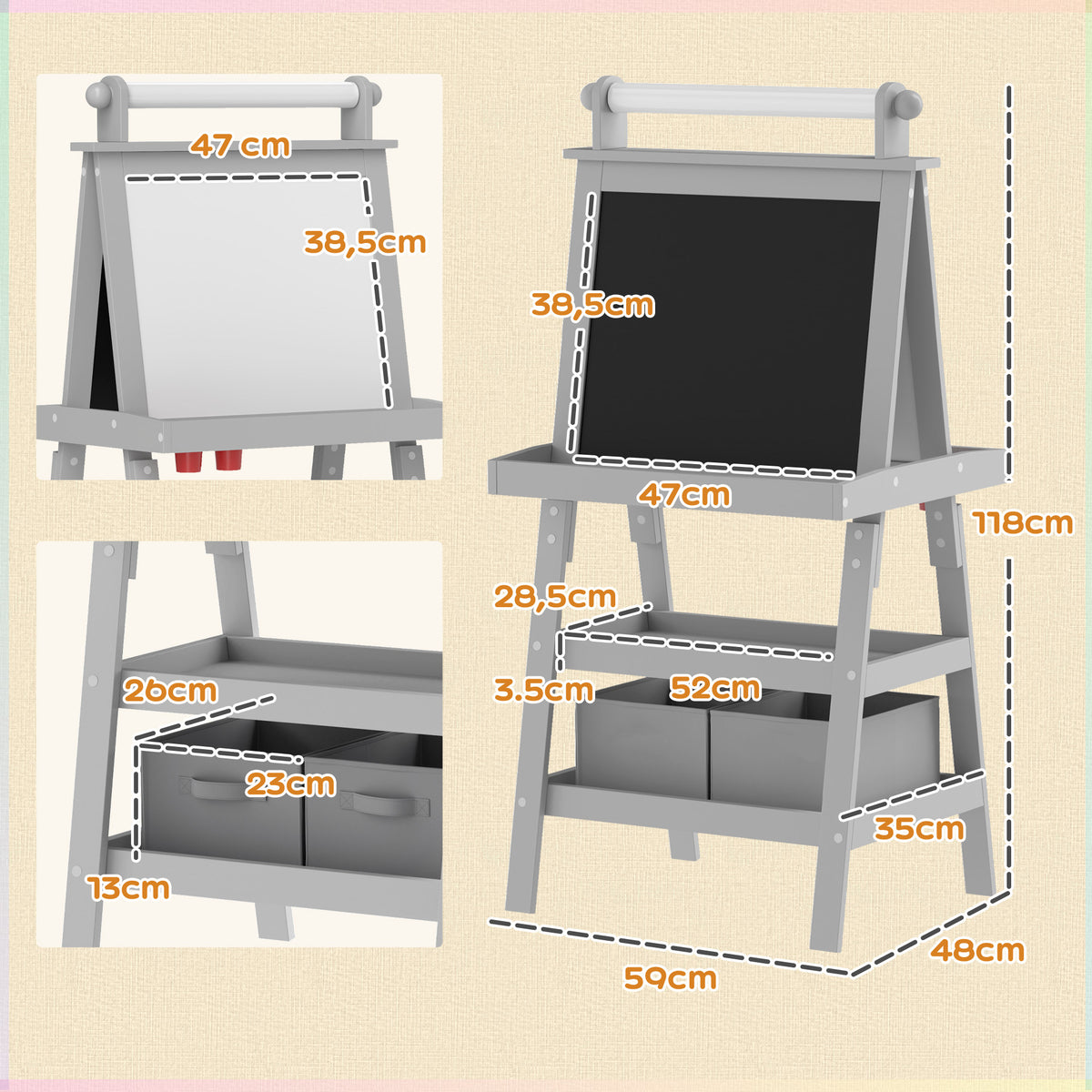 AIYAPLAY Kinderklappstaffelei 3 in 1 mit magnetischer weißer Tafel, Kreidetafel, Papierrolle, 2 Körben, 3-6 Jahre, Grau