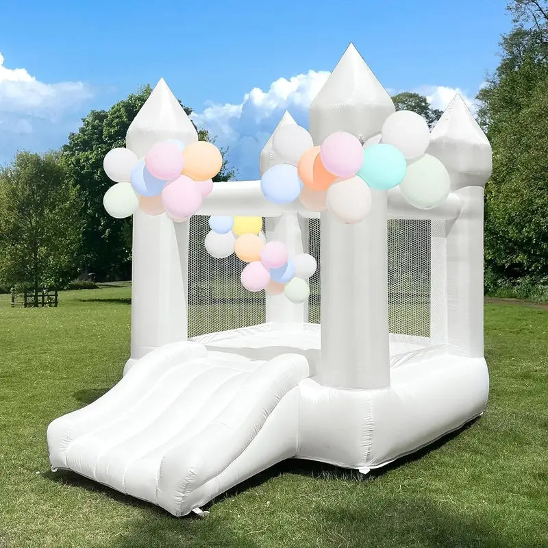 White Indoor/Outdoor Toddler Bounce House – Oxford Fabric Castle with Slide, Balloons & Blower – 103 x 71 x 90 Inches – Ideal for Birthdays & Holiday Parties