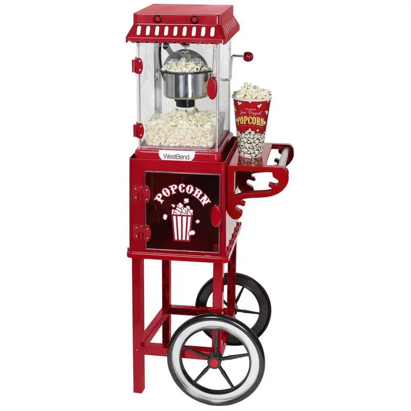 West Bend Popcorn Cart 2.5 oz Non-Stick Stainless Steel Kettle Makes 10 Cups Cabinet Built-In Light with Spoon  Scoop PCMC20RD13