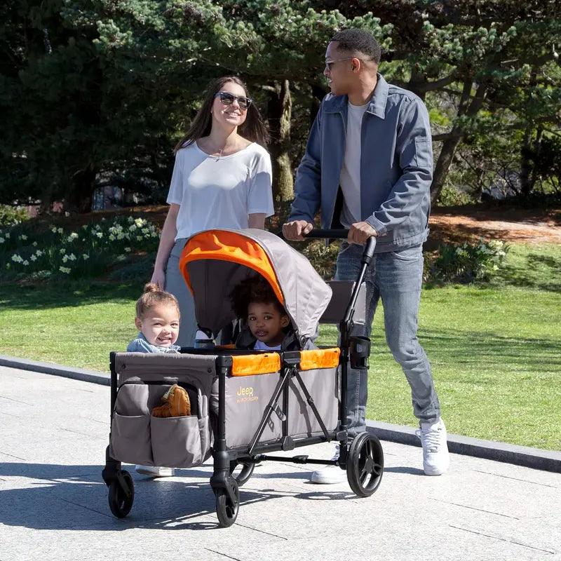 Jeep Sport All-Terrain Stroller Wagon – Delta Children Model with Canopy, Parent Organizer, Snack Tray, Cup Holders & Height-Adjustable Handlebar, Grey/Olive Green