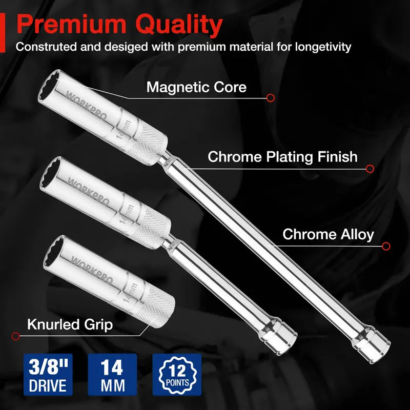 WORKPRO Magnetic Swivel Spark Plug Socket Set – 3-Pc Thin-Wall 14mm + 6″ & 10″ Extensions