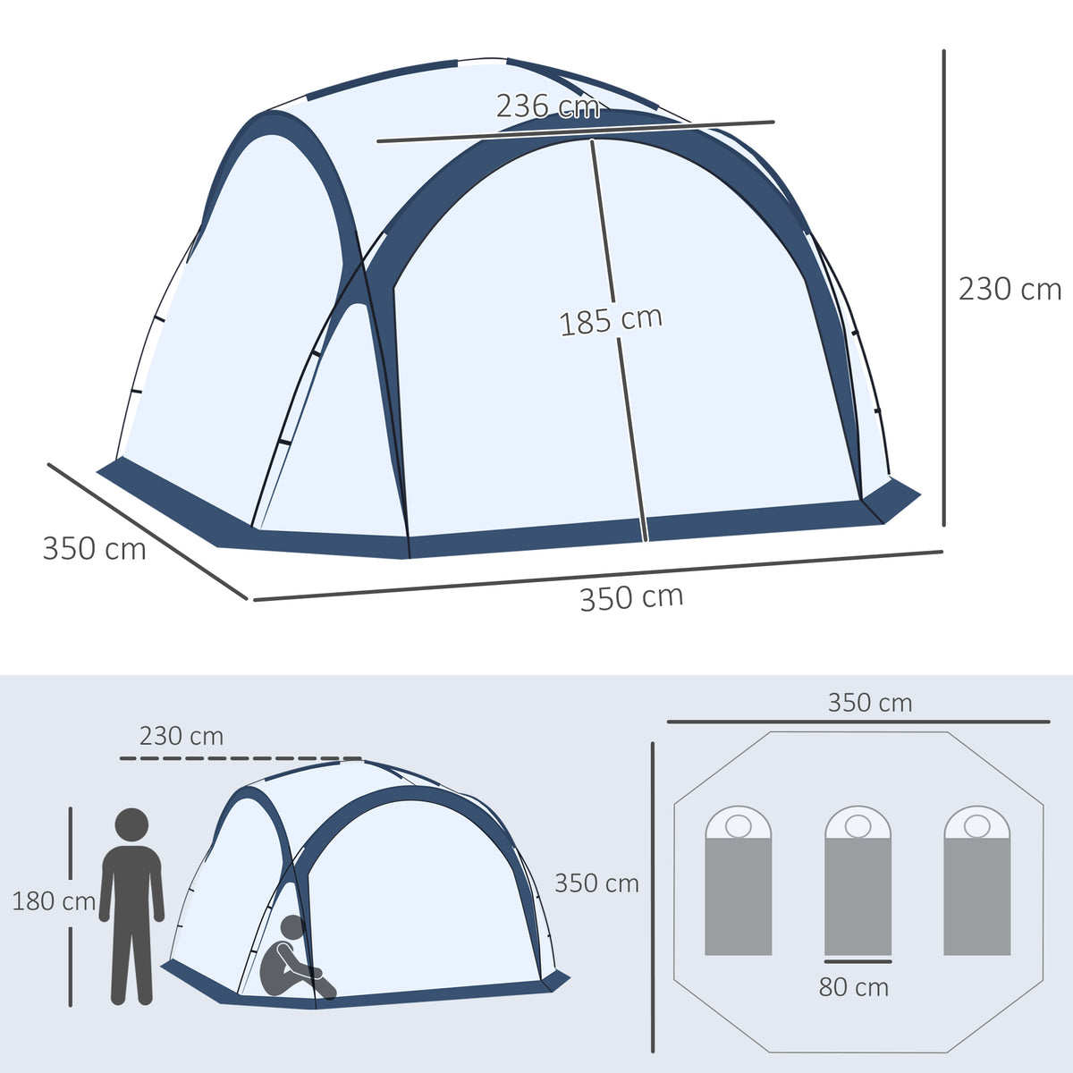 Outsunny Familien-Dome-Campingzelt für 6-8 Personen mit 4 Reißverschlusstüren, abnehmbarem Oxford-Gewebe, Lampenhaken, Transporttasche Maße 350L x 350B x 230H cm - Weiß und Blau
