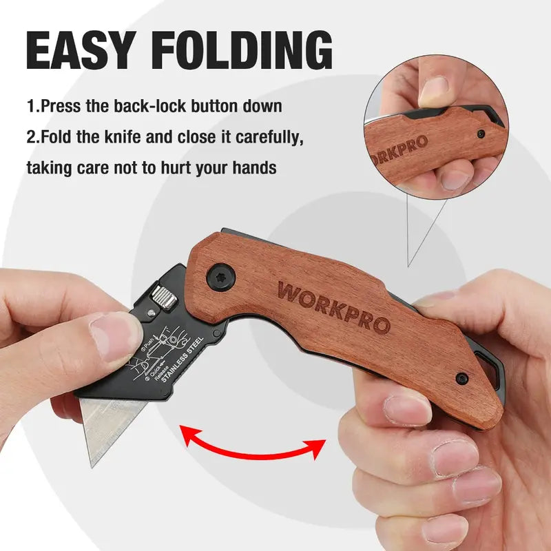 WORKPRO Heavy-Duty Folding Utility Knife – Wood Handle, Durable Blade Design