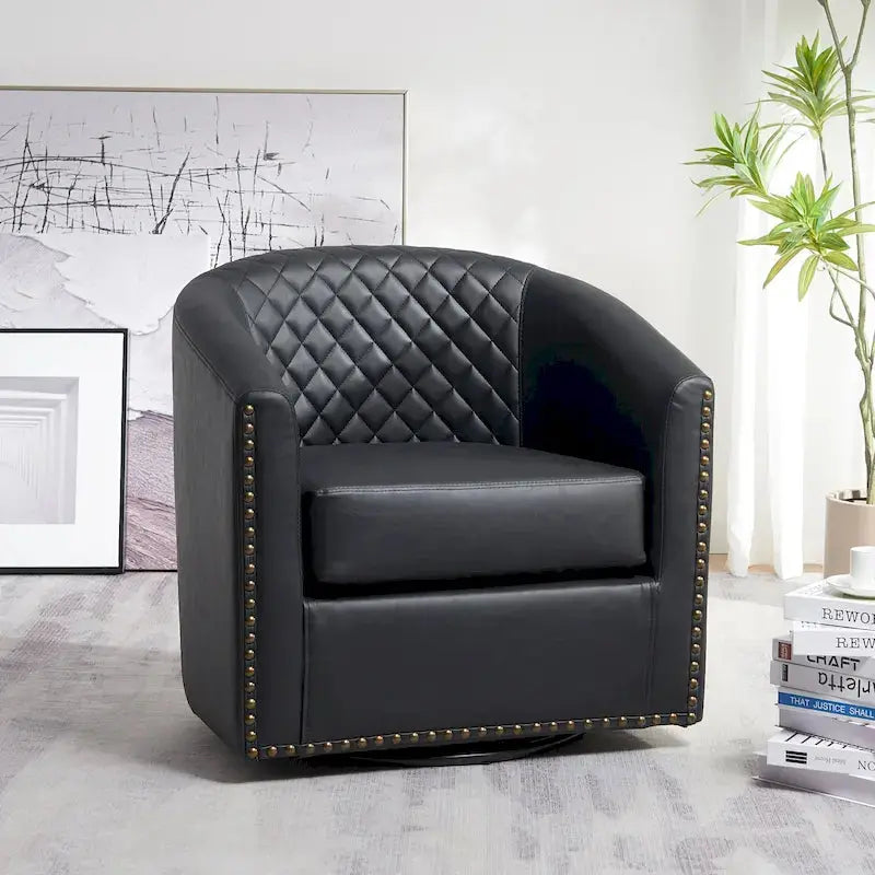 KINWELL Swivel Barrel Chair – 29″ Wide Tufted PU Leather Accent Seating with 360° Rotation