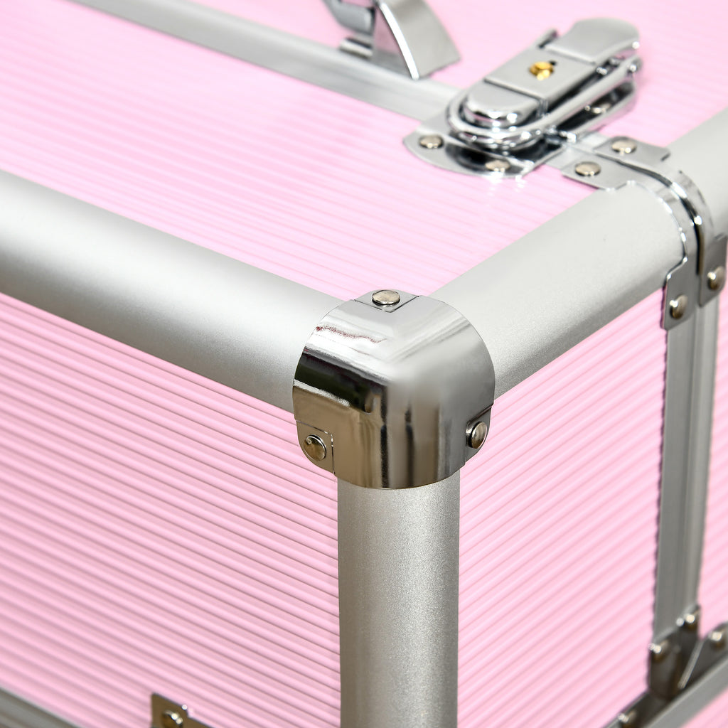 HOMCOM Kosmetikkoffer Trolley Make-up Koffer Kosmetikkoffer Vanity Verstellbarer Teleskopgriff 36L x 23B x 58H cm Alu ABS Rosa