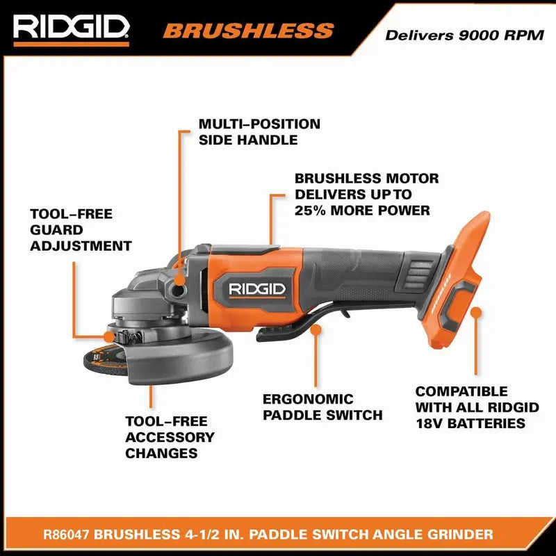 RIDGID 18V Brushless Cordless 4-1/2 in. Paddle Switch Angle Grinder (Tool Only) R86047B