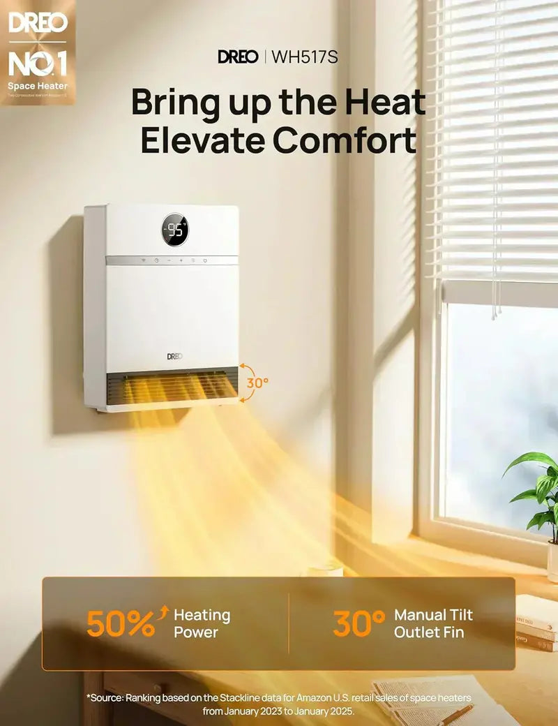Wall-Mounted Smart Space Heater: Indoor Electric Heater with Adjustable Thermostat & Remote