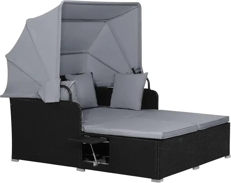 RELAX4LIFE Outdoor Wicker Daybed — Patio Sunbed with Removable Canopy & Four Cushion Pillows