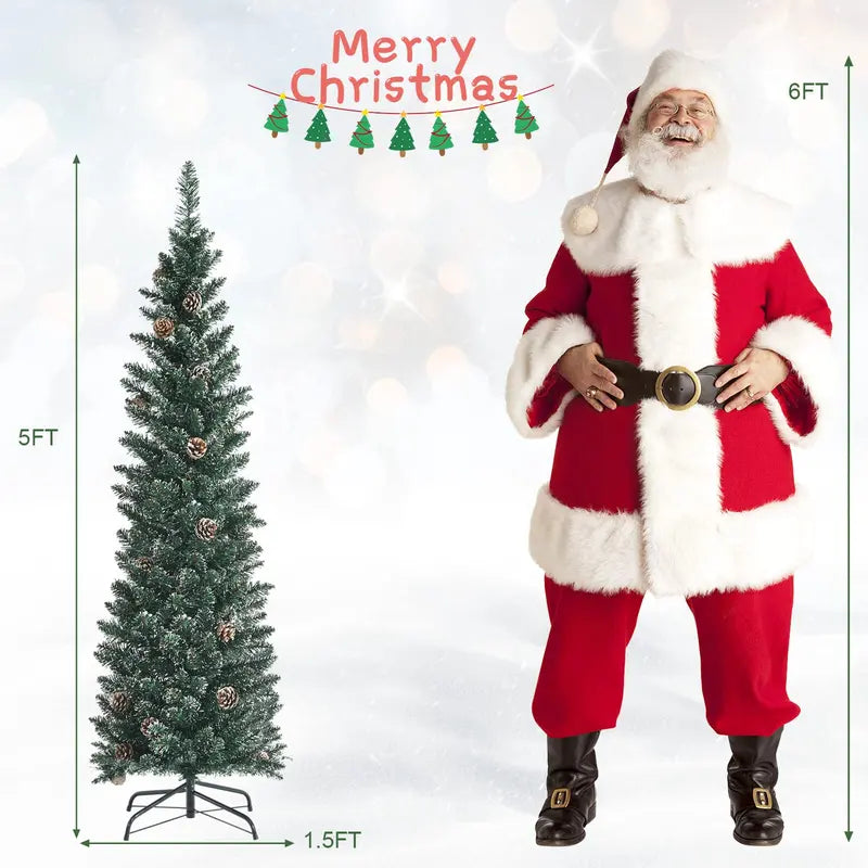 Slim Snow-Flocked Pencil Christmas Tree – Pre-Lit Artificial Tree with Hinged Branches