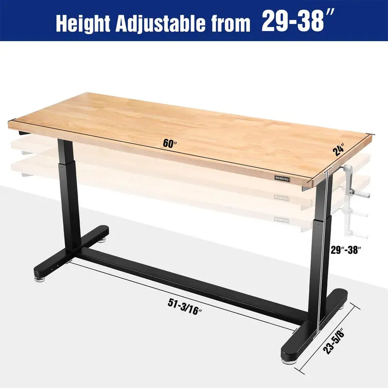 WORKPRO 60-Inch Crank-Adjustable Workbench – Industrial-Strength Table with Leveling Feet and 500-Lb Capacity