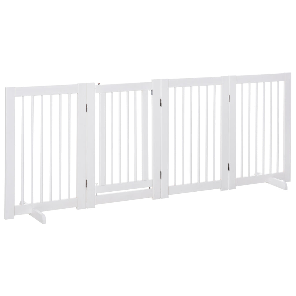 PawHut Absperrgitter Hund 4-teilig, 204 x 75 cm Faltbar Türschutzgitter mit Tür, Freistehend Hundegitter mit 2 Stützfüßen, Treppengitter aus Holz für Flur, Küche, Treppe, Weiß