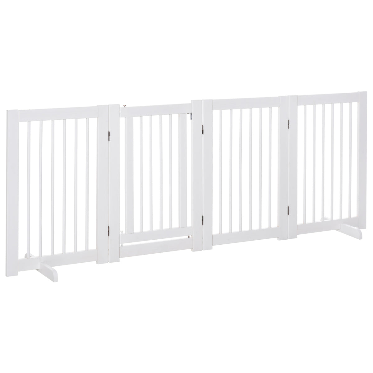 PawHut Absperrgitter Hund 4-teilig, 204 x 75 cm Faltbar Türschutzgitter mit Tür, Freistehend Hundegitter mit 2 Stützfüßen, Treppengitter aus Holz für Flur, Küche, Treppe, Weiß