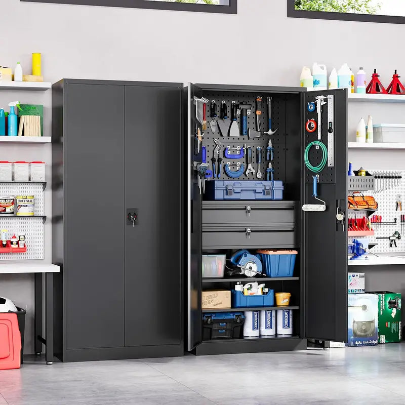 Yizosh Heavy-Gauge Locking Garage Cabinet – 71-Inch Steel Tool Storage with Pegboard, Two Drawers, and Reinforced Doors