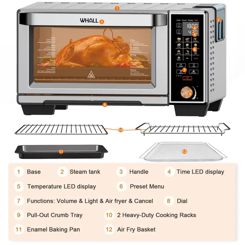 WHALL Air Fryer Toaster Oven   30QT Convection Oven, 11-In-1 Steam Oven, Touchscreen, 4 Accessories