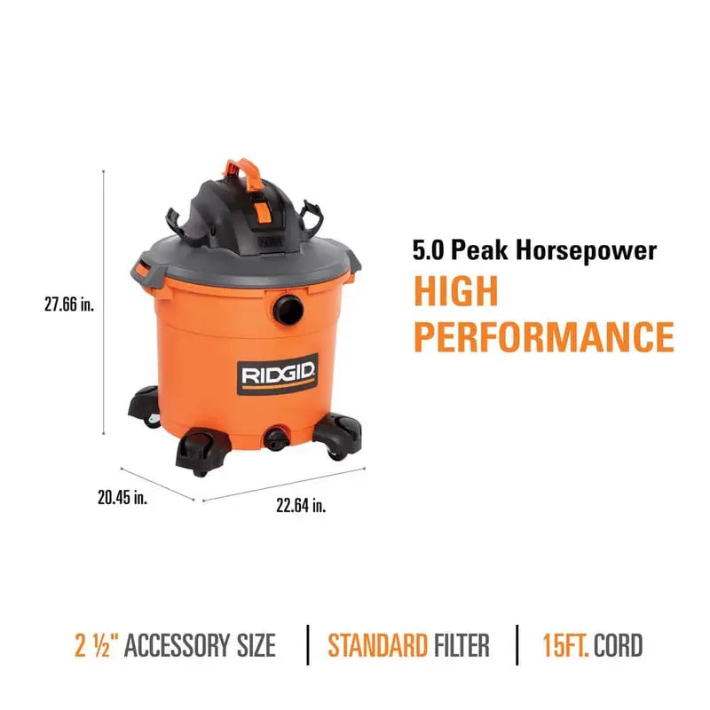 RIDGID 16 Gallon 5.0 Peak HP NXT Wet/Dry Shop Vacuum with Filter, Locking Hose and Accessories HD1640