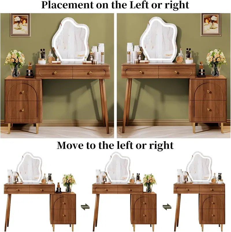 Walnut-Finish Corner Vanity Desk Featuring Frameless Lighted Mirror and Space-Saving Design
