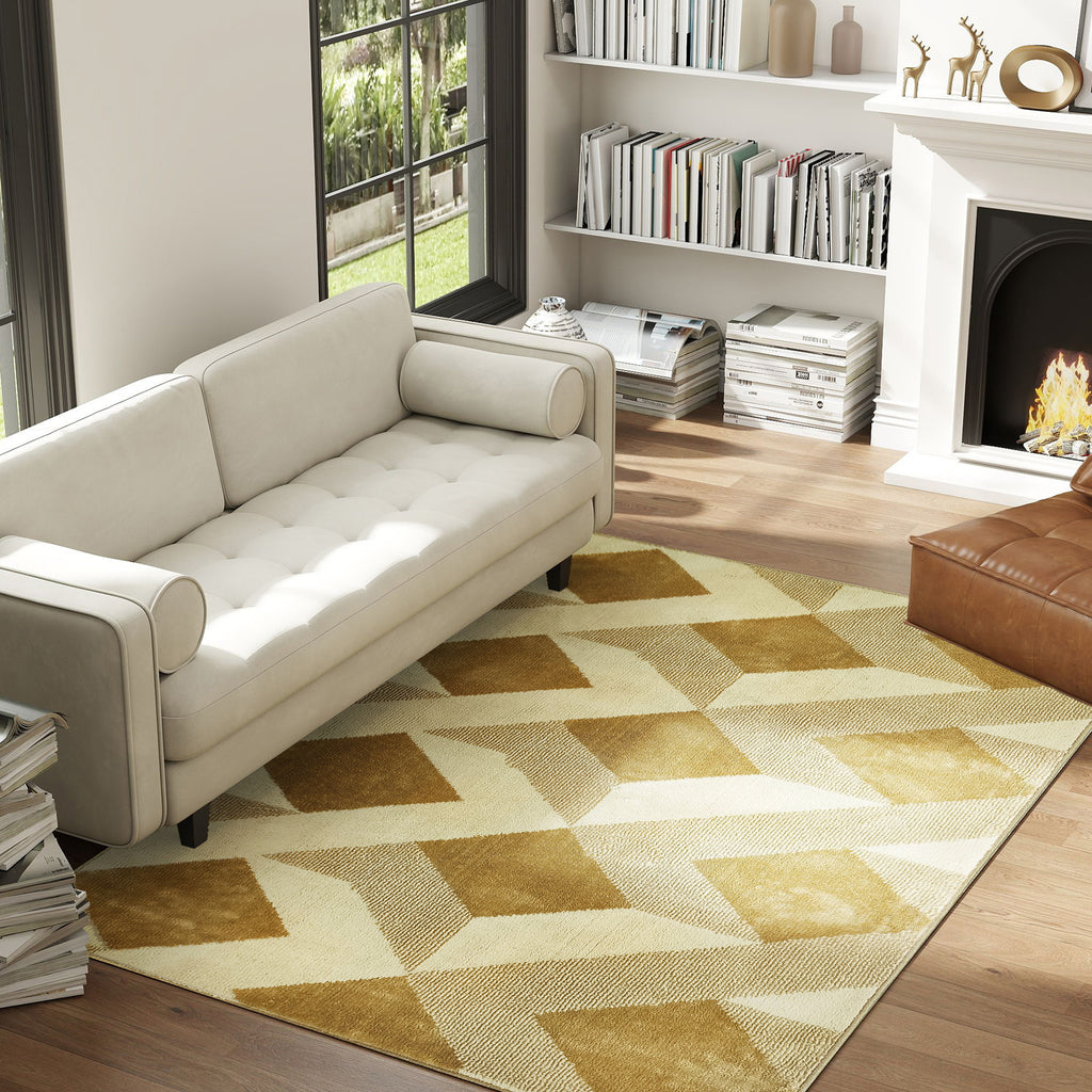HOMCOM Teppich Wohnzimmer 170 x 120 cm Kurzflor, maschinenwaschbar, hypoallergen, für Wohnzimmer, Schlafzimmer, Büro, Gelb