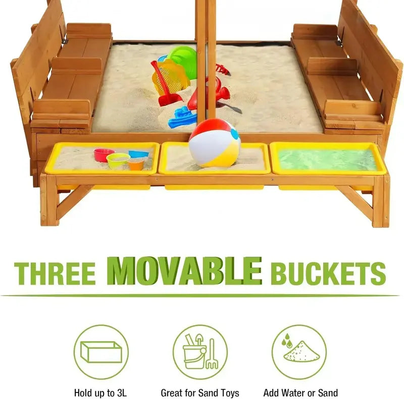 Kids' Wooden Outdoor Sandbox with Retractable Canopy – Includes Foldable Benches & Sand Liner