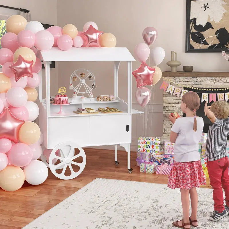 Wooden Dessert Cart with Wheels – Mobile Candy or Party Serving Station with Cabinet Storage