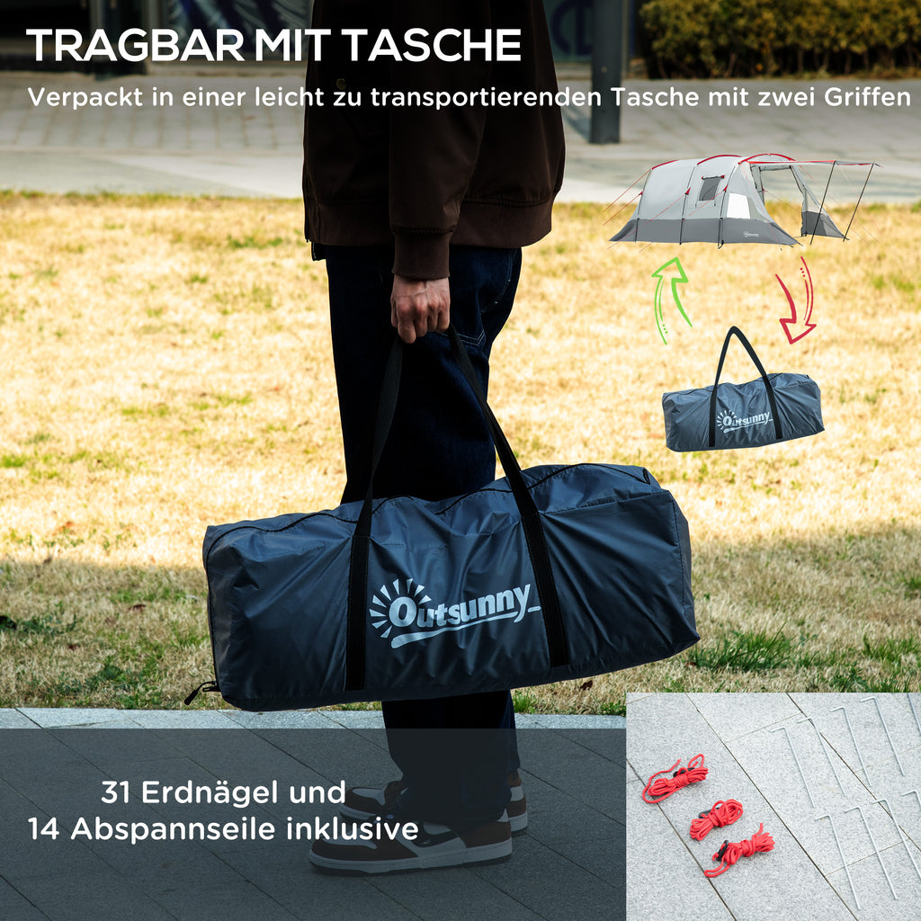 Outsunny Campingzelt, für 6-8 Personen, zwei Räume, Lampenhaken, mit Tragetasche, grau, 5,10x2,40x1,80m