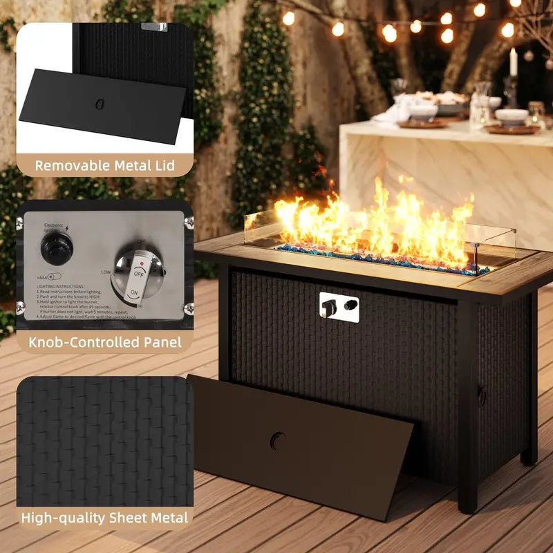 Walsunny 45  Propane Fire Pit Table 50,000 BTU Steel Gas Fire Pit with Lid and Lava Rock Rectangular