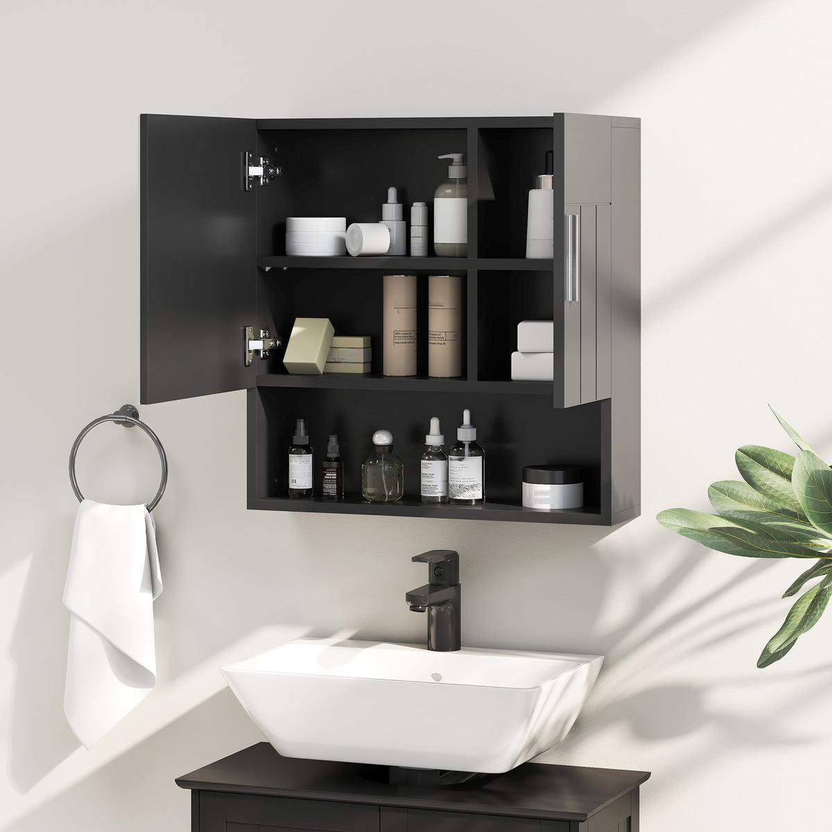 Kleankin Badezimmerschrank mit verstellbaren Regalen und offenem Regal, 54x15,2x55,3 cm, Schwarz