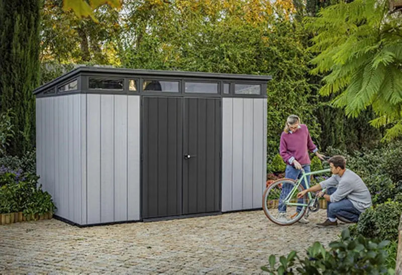Keter Artisan 11′ x 7′ Modern Resin Storage Shed – Grey & Black, Ideal for Patio Furniture & Garden Gear