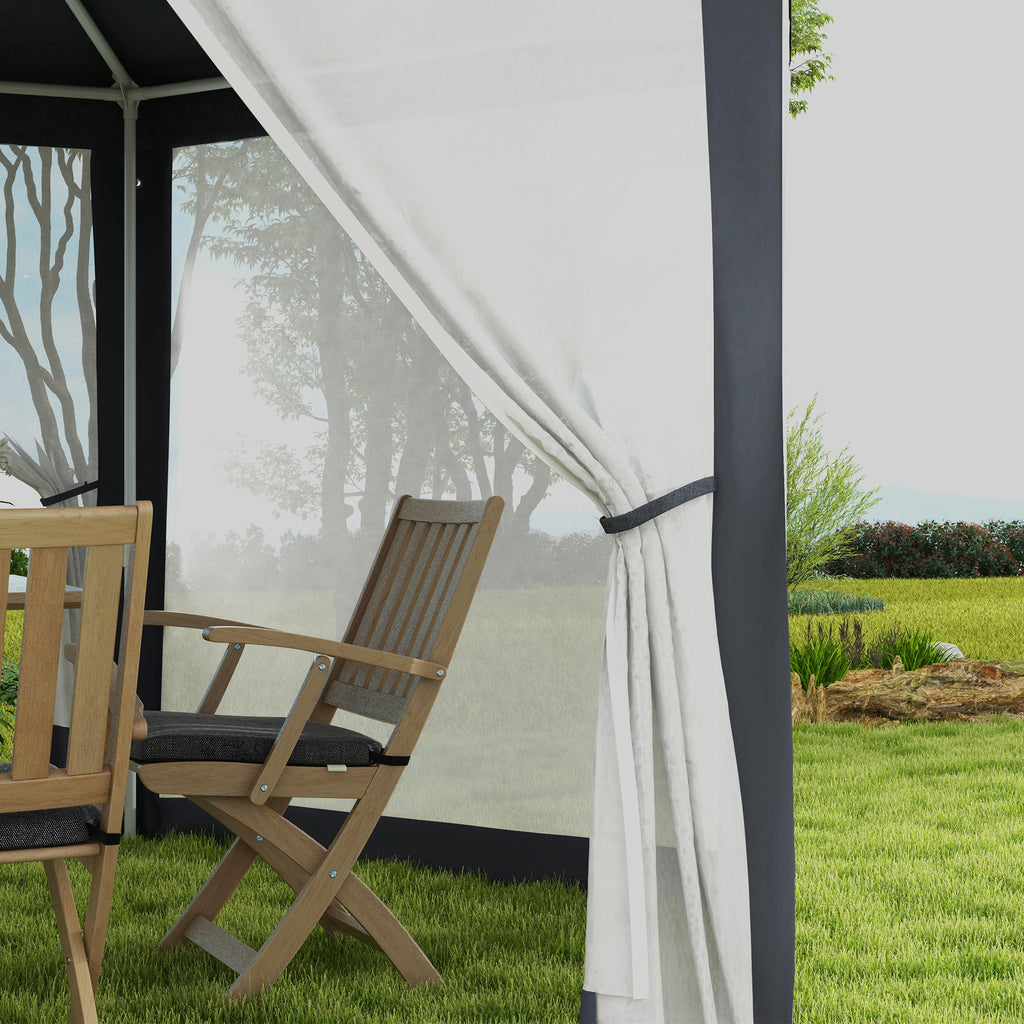Outsunny Gartenpavillon, 6-eckig, Netzvorhänge, Metallgestell, 3,94x3,412x2,5m, Dunkelgrau