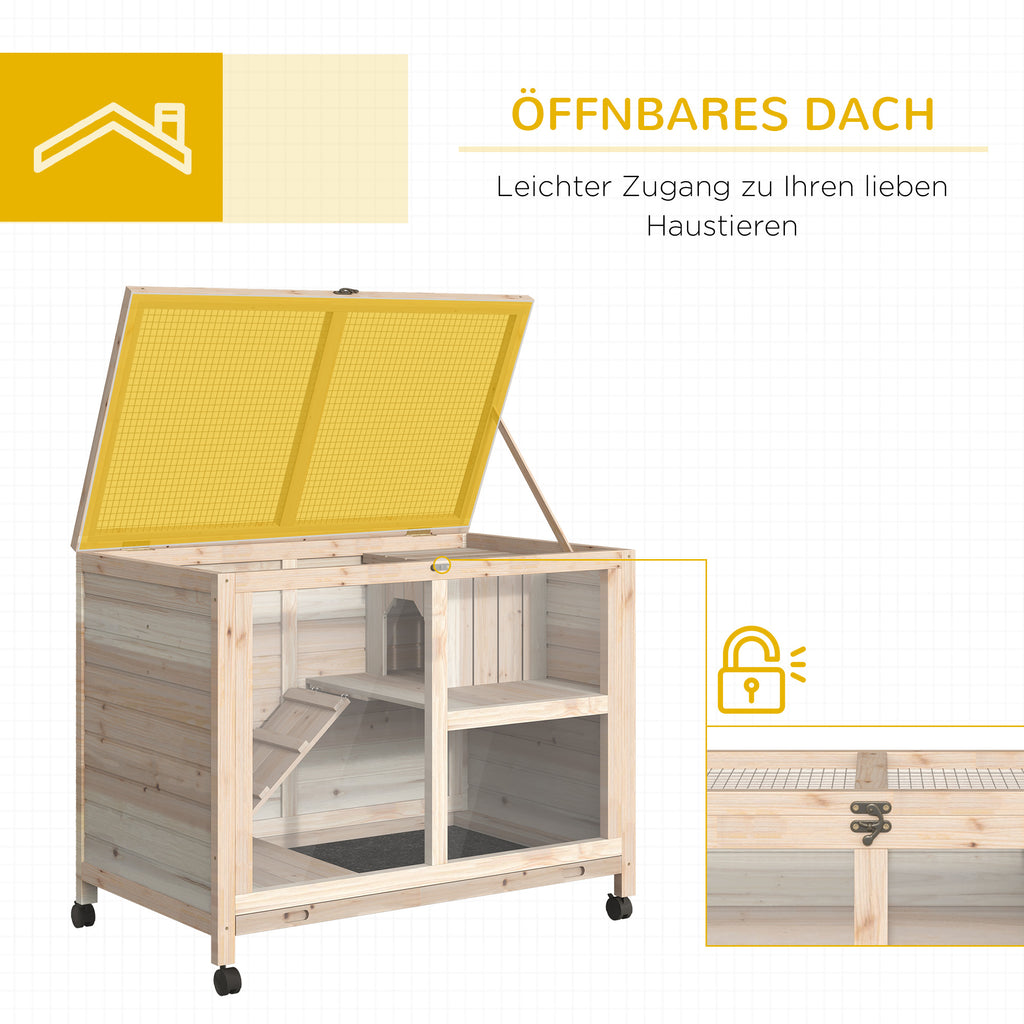 PawHut Kleintierstall mit 2 Ebenen 4 Rollen versiegeltes Tannenholz Natur
