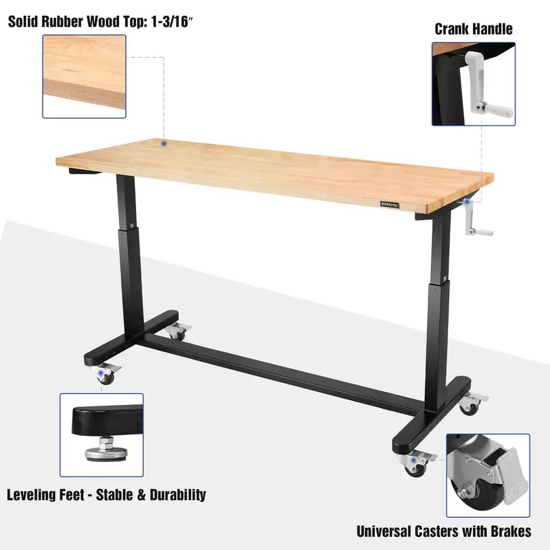 WORKPRO 60-Inch Crank-Adjustable Workbench – Industrial-Strength Table with Leveling Feet and 500-Lb Capacity