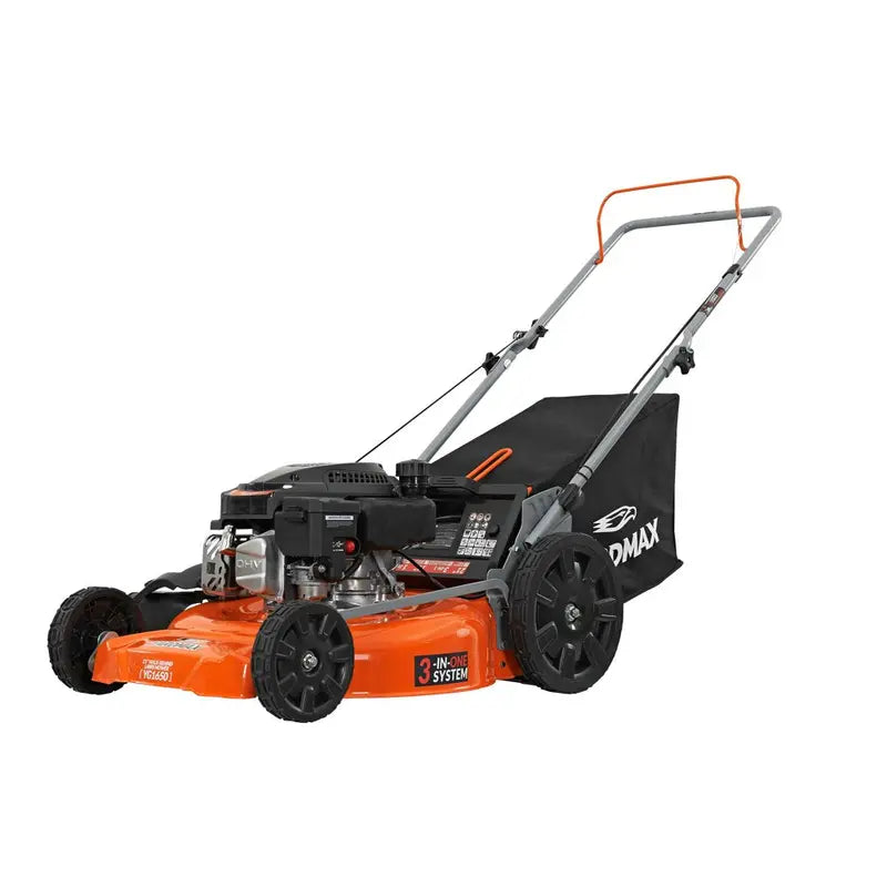 YARDMAX 21″ 170cc Gas Push Lawn Mower, 3-in-1, High Rear Wheels, Adjustable Height