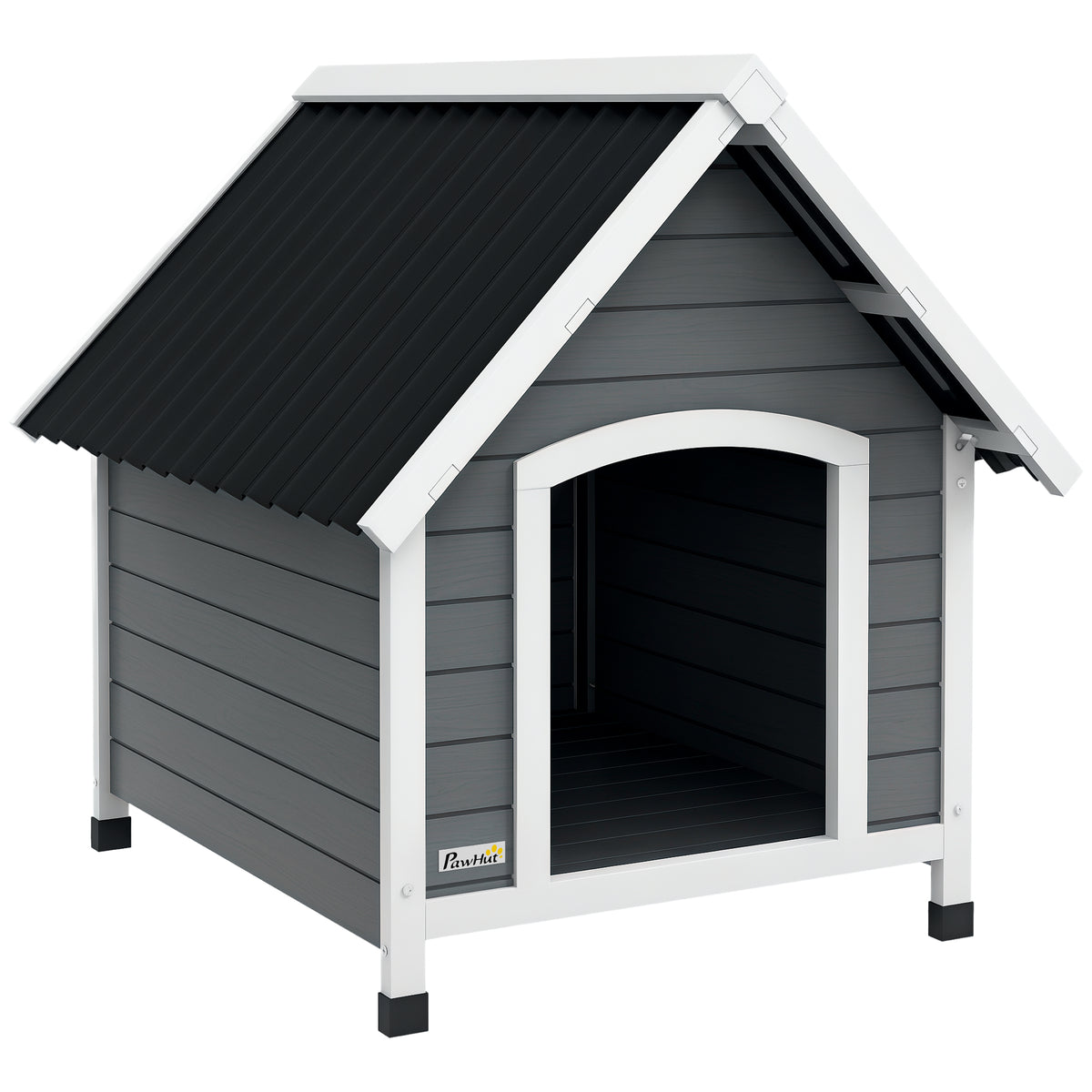 PawHut Hundehütte, wetterfest, herausnehmbarer Boden, Tannenholz, 75x88x82 cm, Grau/Schwarz