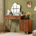 Walnut-Finish Corner Vanity Desk Featuring Frameless Lighted Mirror and Space-Saving Design