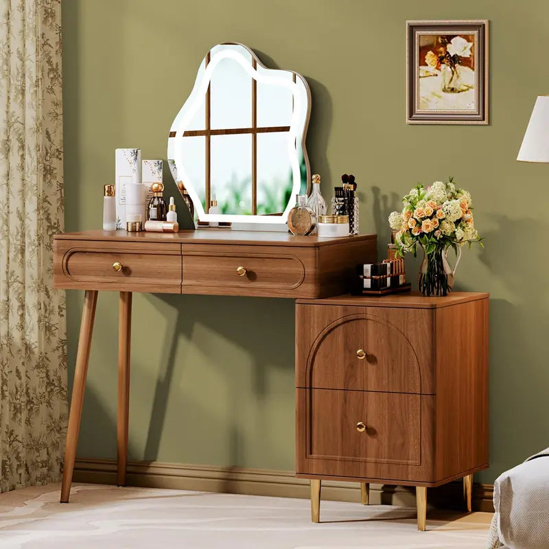 Walnut-Finish Corner Vanity Desk Featuring Frameless Lighted Mirror and Space-Saving Design