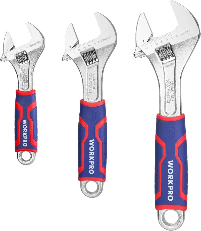 WORKPRO Triple-Size Adjustable Wrench Set — Chrome-Plated Cr-V with Anti-Slip Grip and Dual Metric/SAE Scales