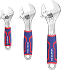 WORKPRO Triple-Size Adjustable Wrench Set — Chrome-Plated Cr-V with Anti-Slip Grip and Dual Metric/SAE Scales